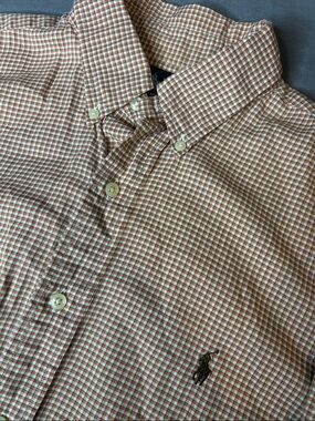 Polo by Ralph Lauren Brown/ White Micro-Checked Button-Down Yarmouth Shirt  ‎ 16